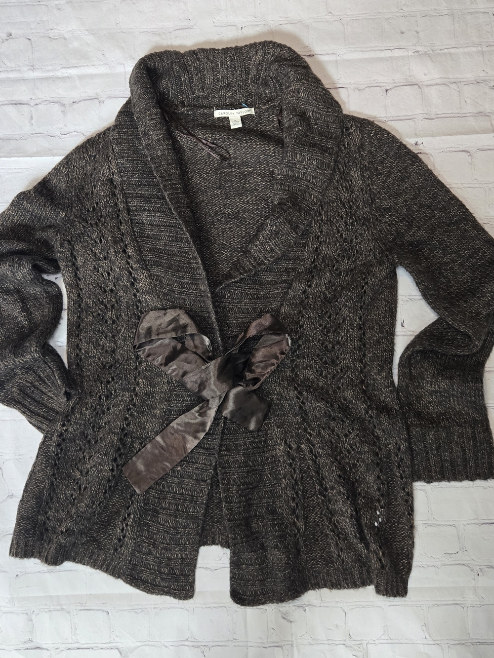 Y2k Carolyn Taylore Shawl Collar Knit Ribbon Tie Cardigan CabinCore BalletCore
